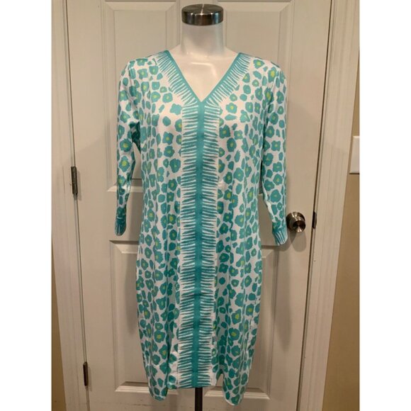 Gretchen Scott Turquoise Blue Border Town Wildcat Sheath Dress, Size L, NWT! - Picture 1 of 9